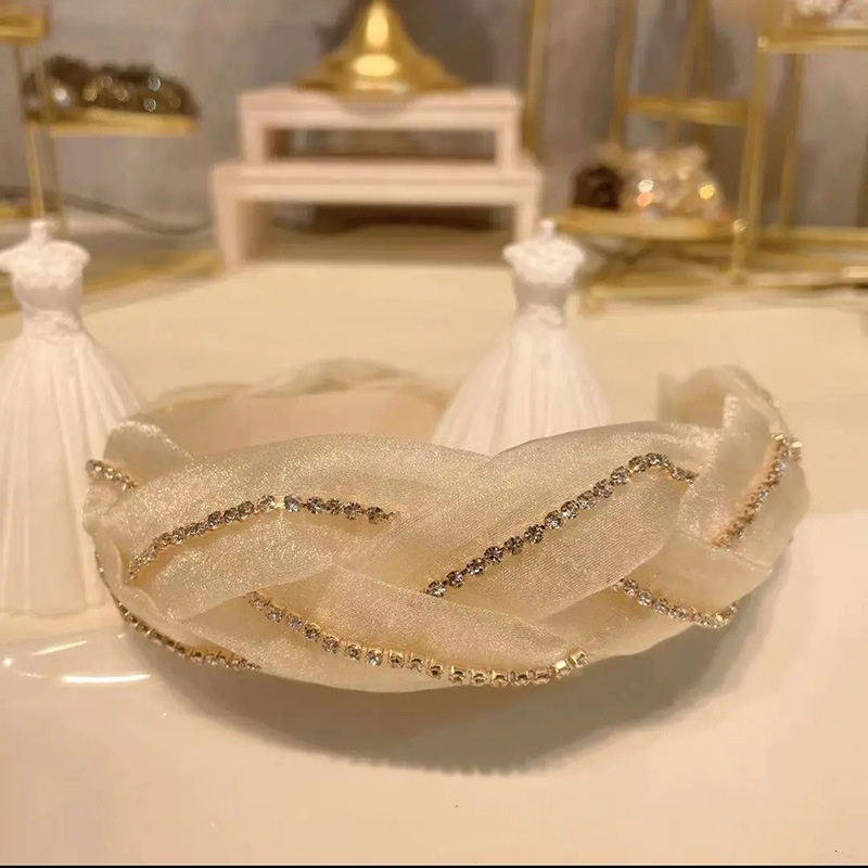 Băng Đô Dạng Xoắn Bản Rộng Bằng Vải Organza Đính Kim Cương Nhân Tạo Phong Cách Hàn Quốc