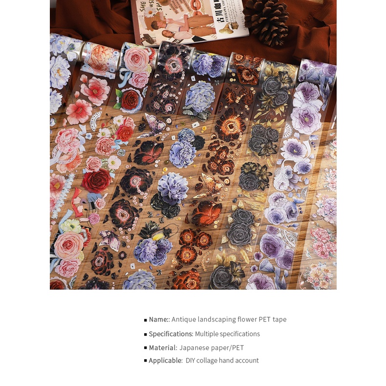 Cuộn Băng Keo Giấy Washi 200cm / 500cm In Họa Tiết Hoa Trang Trí Đa Ứng Dụng
