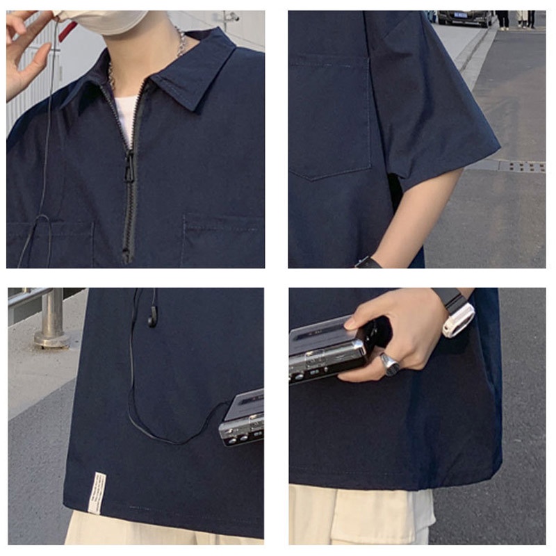 Áo Sơ Mi Tay Lửng Dáng Rộng Màu Trơn Phong Cách Nhật Bản Thời Trang Mùa Hè Cho Nam