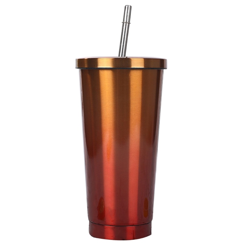 Cốc Uống Nước Bằng Thép Không Gỉ Có Nắp Và Ống Hút Tiện Dụng