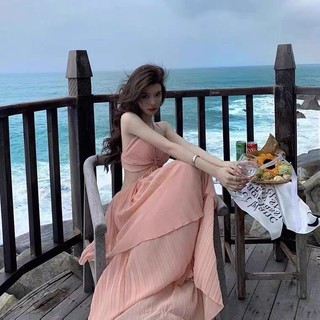 Đầm Hai Dây Hở Lưng Nhún Bèo Quyến Rũ Thời Trang Cho Nữ Áo dài chụp ảnh đi biển váy treo