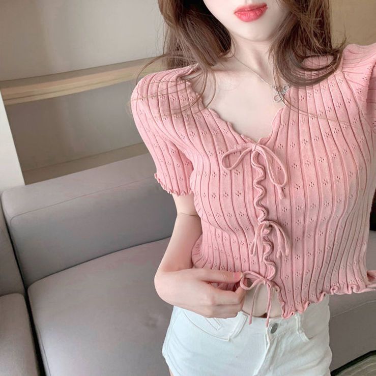 áo sơ mi croptop len dệt kim tay ngắn kiểu cổ chữ v thắt nơ phong cách hàn quốc thời trang mới cho nữ