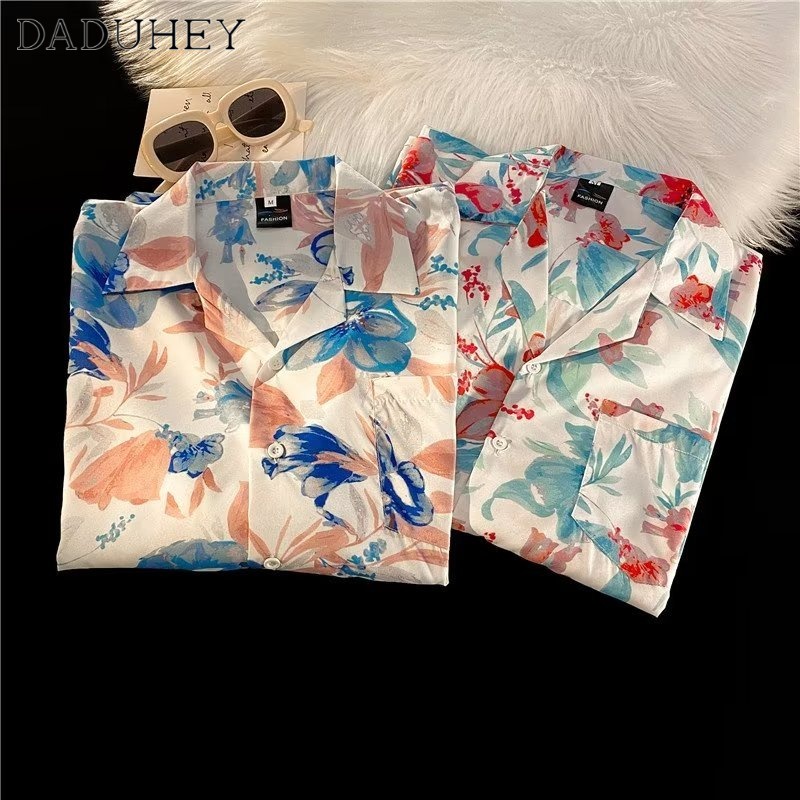 DaDuHey Hawaiian Style Floral Shirt Men's Short Sleeve Seaside Beach Vacation Ice Silk Loose Top