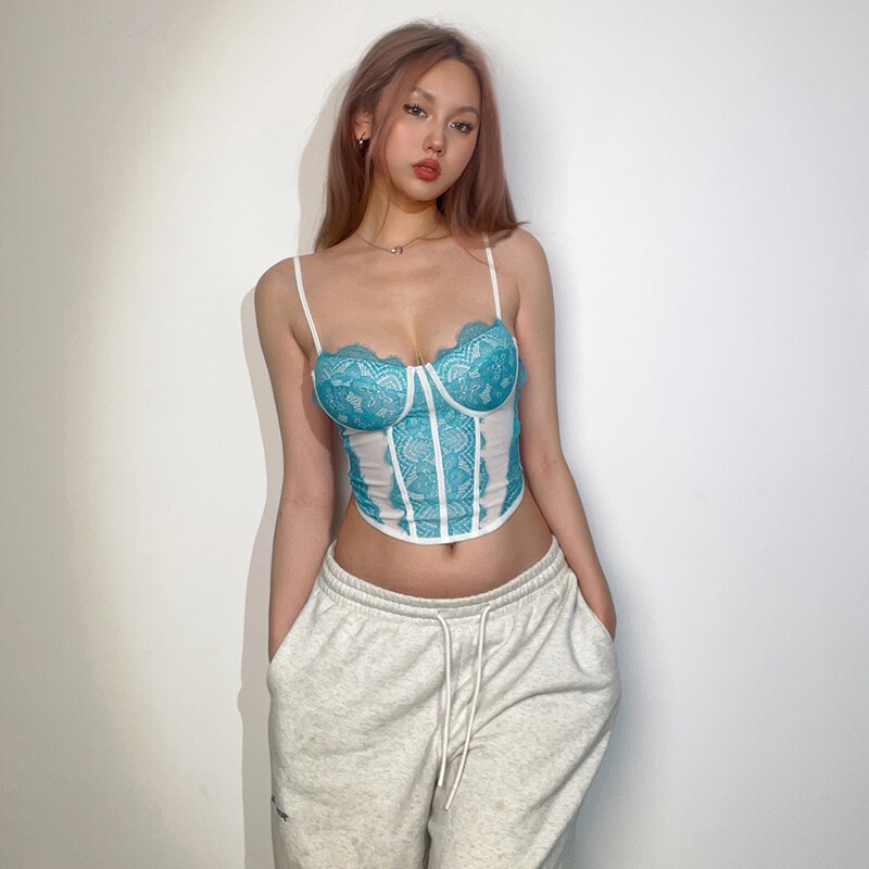 Kliou 2023 Mới Áo Croptop Hai Dây Phối Ren Họa Tiết Hoa Thời Trang Mùa Hè 2023