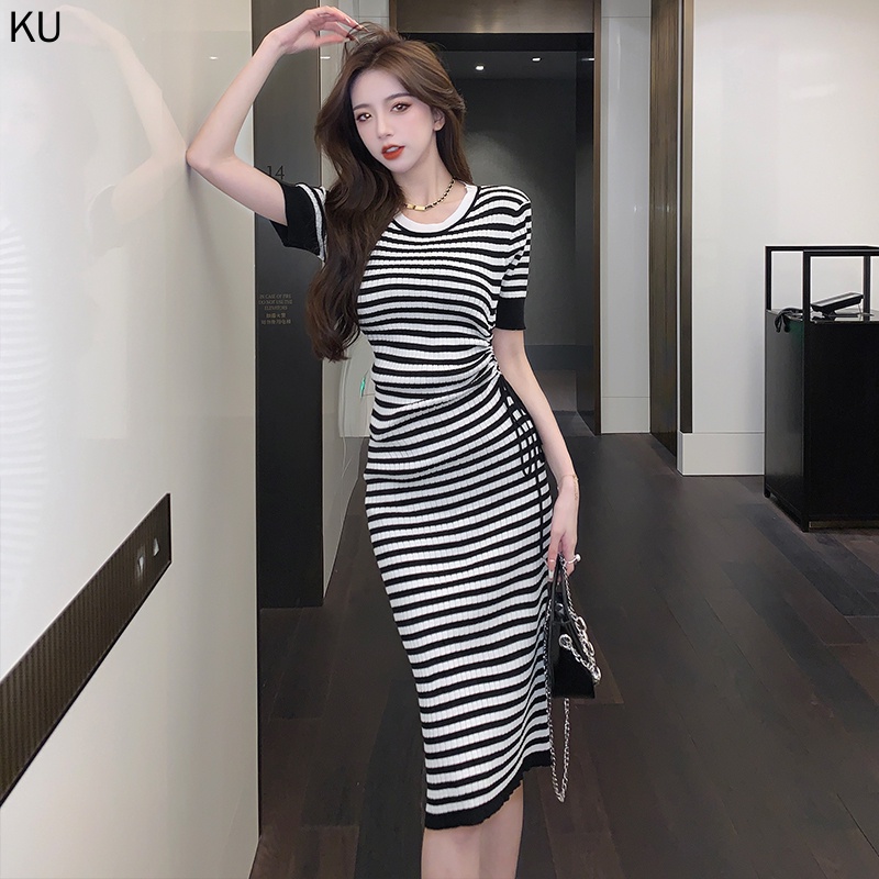 Đầm Thun Dài Ôm Dáng Tay Ngắn Họa Tiết Kẻ Sọc Đơn Giản Thời Trang Mùa Hè Hàn Quốc 2023 Mới Cho Nữ