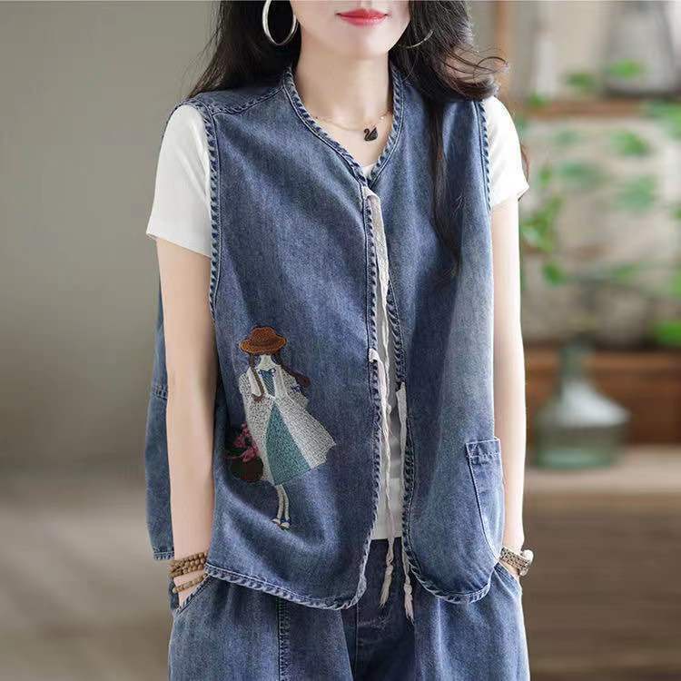 Áo Khoác Denim Không Tay Dáng Rộng Thêu Họa Tiết Cá Tính Theo Phong Cách Vintage