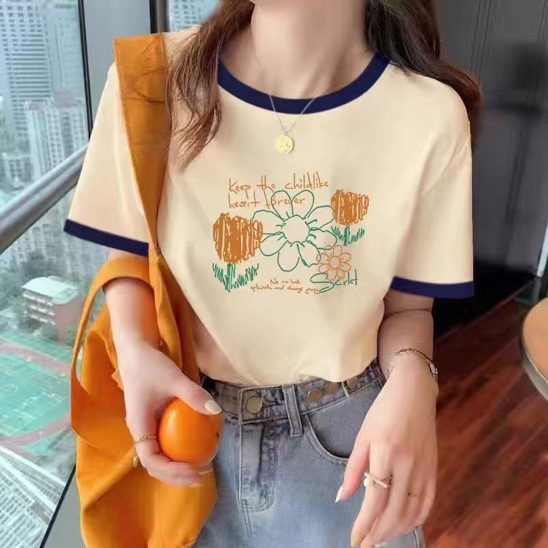 Áo Thun 100% Cotton Tay Ngắn Dáng Rộng Màu Kem Tương Phản Thời Trang Mùa Hè Hàng Mới 2023 Dành Cho Bạn Nữ