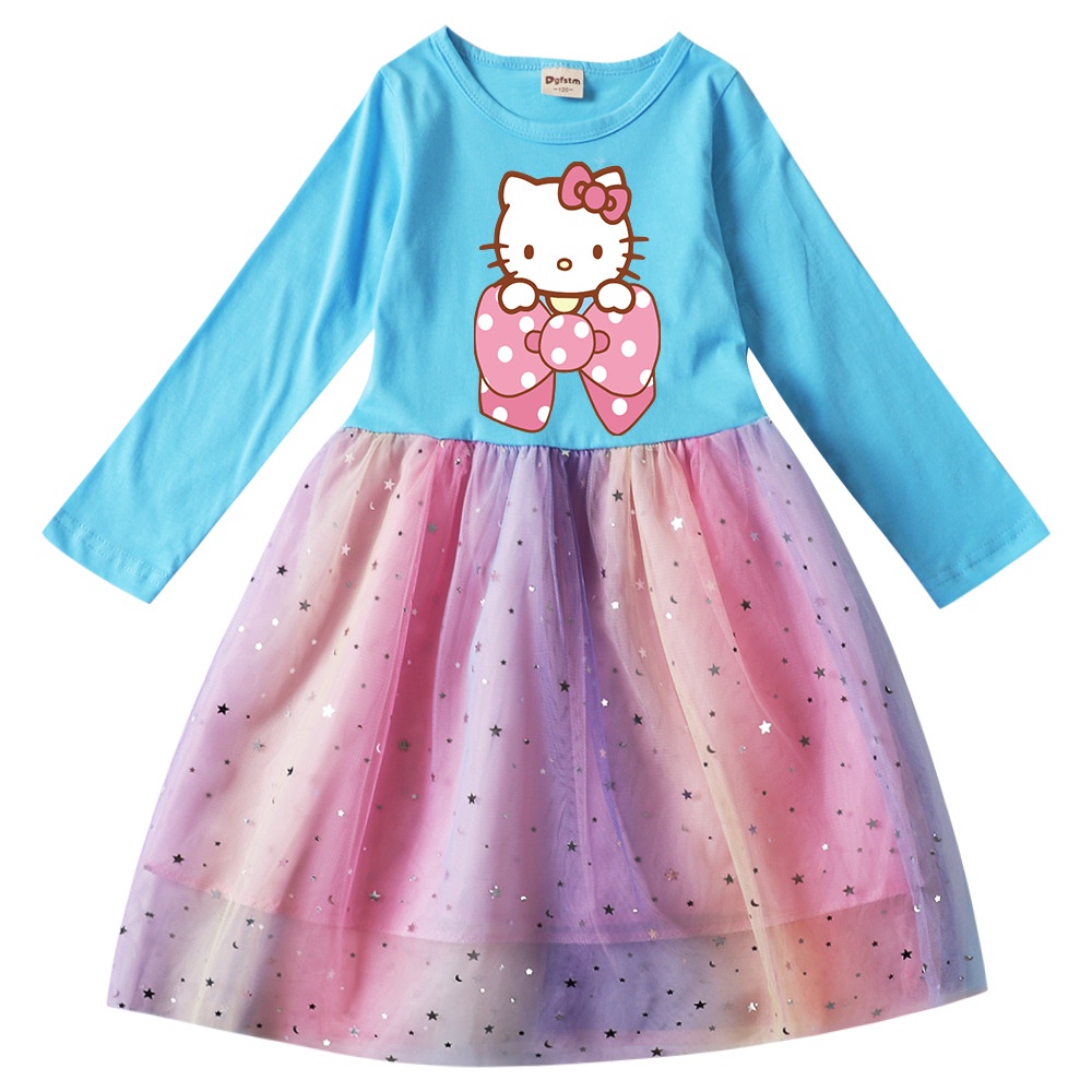 Đầm Tay Ngắn / Dài In Hình Hello Kitty Màu Cầu Vồng Cho Bé Gái 3-15 Tuổi