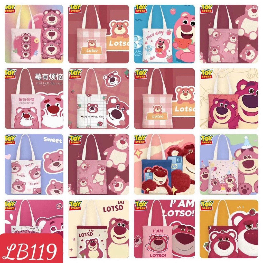 PVN58083 Túi xách Canvas họa tiết gấu dâu đáng yêu dễ thương