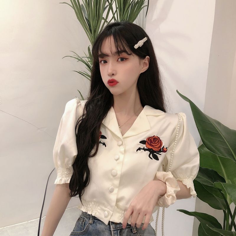 Áo Sơ Mi Ngắn Dáng Rộng Tay Phồng Thêu Họa Tiết Hoa Hồng Phong Cách Hàn Quốc Thời Trang Mùa Hè 2023 Mới
