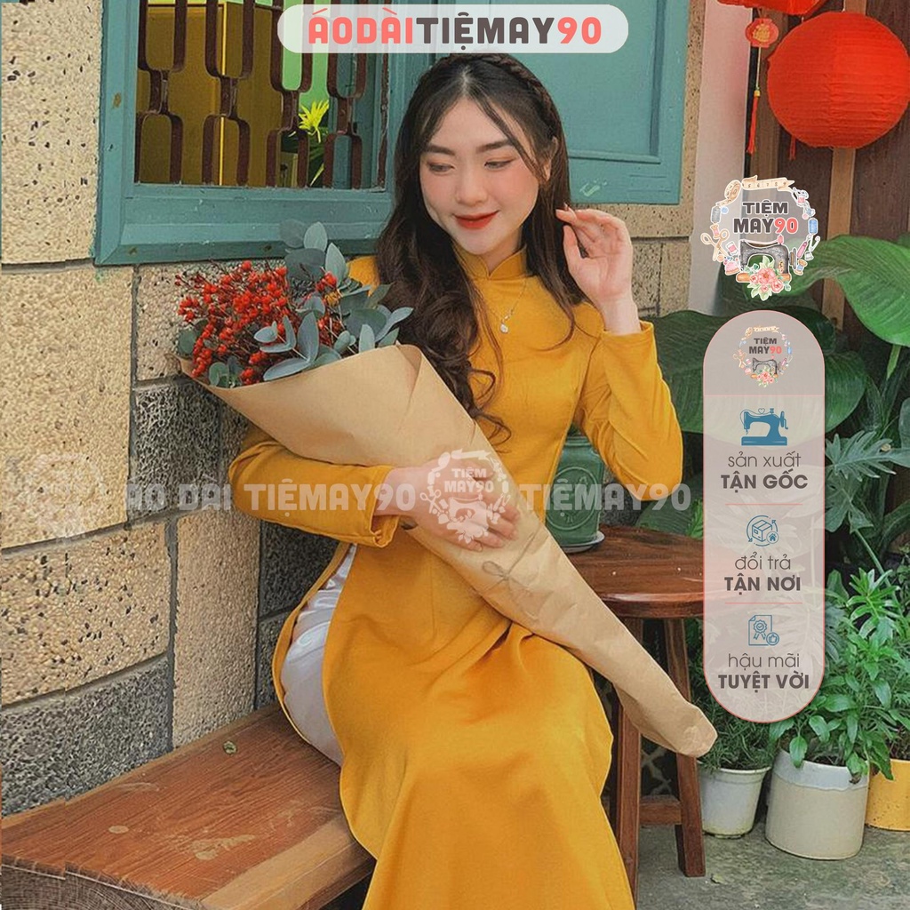 Áo dài vàng đồng truyền thống Tiệm 90 may sẵn vải áo dài Lụa cổ cao dự tiệc hội nghị công sở lễ tết đẹp AD90168