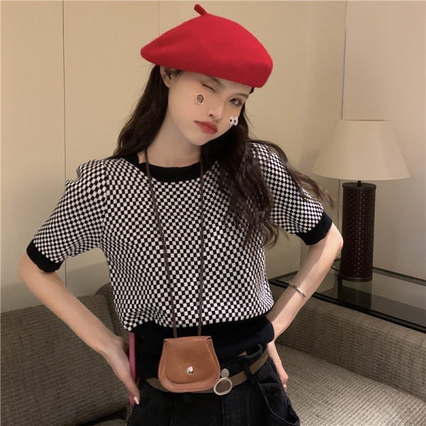 Áo Dệt Kim Ngắn Tay Họa Tiết Kẻ Sọc Màu Tương Phản Thời Trang Mùa Hè Phong Cách vintage