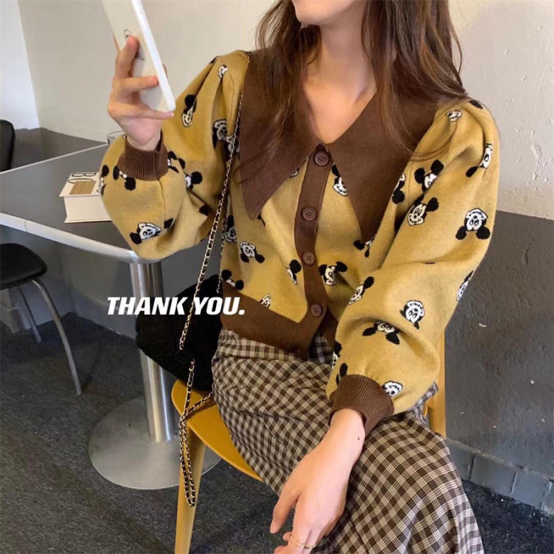 Áo Khoác Len Cardigan Cổ Búp Bê Thêu Hình Chuột Mickey Màu Tương Phản Thời Trang Thu Đông C16 MA