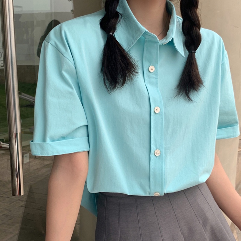 IELGY  Áo Sơ Mi Tay Ngắn Màu Trơn Thời Trang Cao Cấp Cho Nữ
