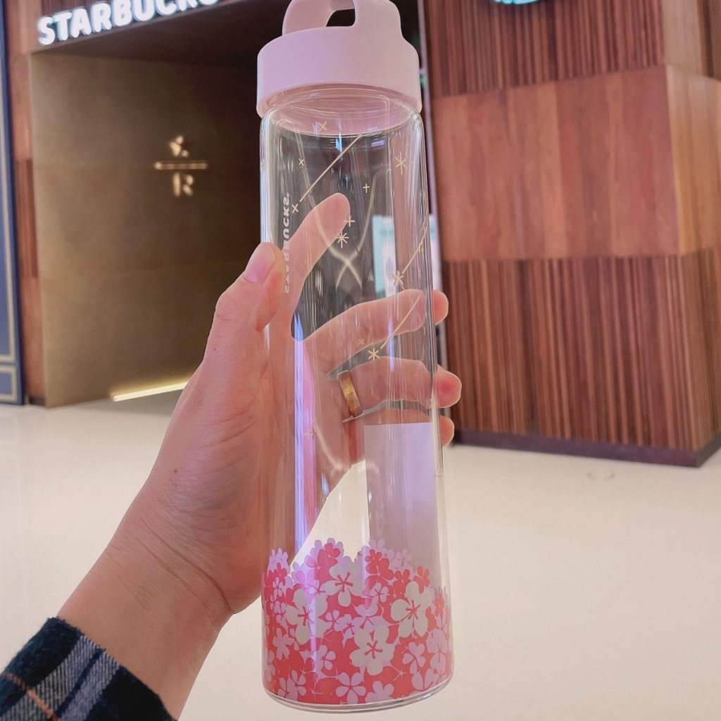 Cốc Thủy Tinh Chịu Nhiệt Cao In Họa Tiết Hoa Anh Đào Starbucks Xinh Xắn