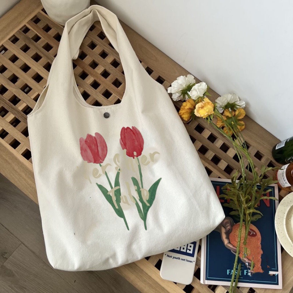 Túi Tote Vải Canvas Đi Học Cành Hoa TULIP Phong Cách Hàn Quốc MTT0336