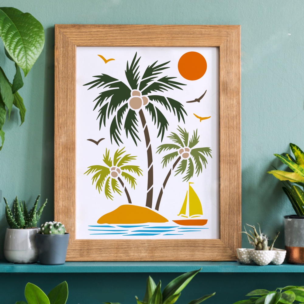 1pc  Palm Trees Stencils 29.7x21cm Plastic Island Sailboat Drawing Painting Stencils Sun Geese Pattern Wall Stencils Reusable Stencils for Painting on Wood Floor Wall and Tile