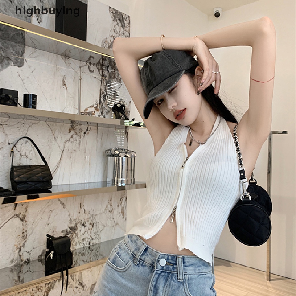 Hbvn Belle Áo Crop Top Hai Dây Cổ Chữ V Gợi Cảm Màu Trơn Phối Khóa Kéo Phong Cách Đường Phố Cho Nữ