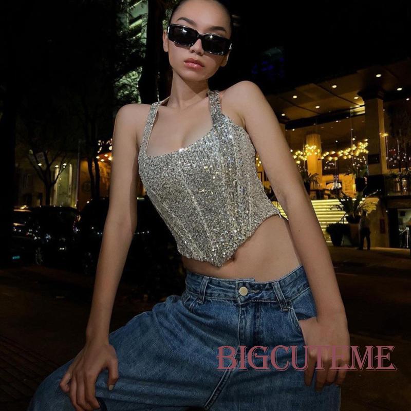 Áo Croptop Hai Dây Đính Kim Sa Lấp Lánh Thời Trang Mùa Hè Cho Nữ