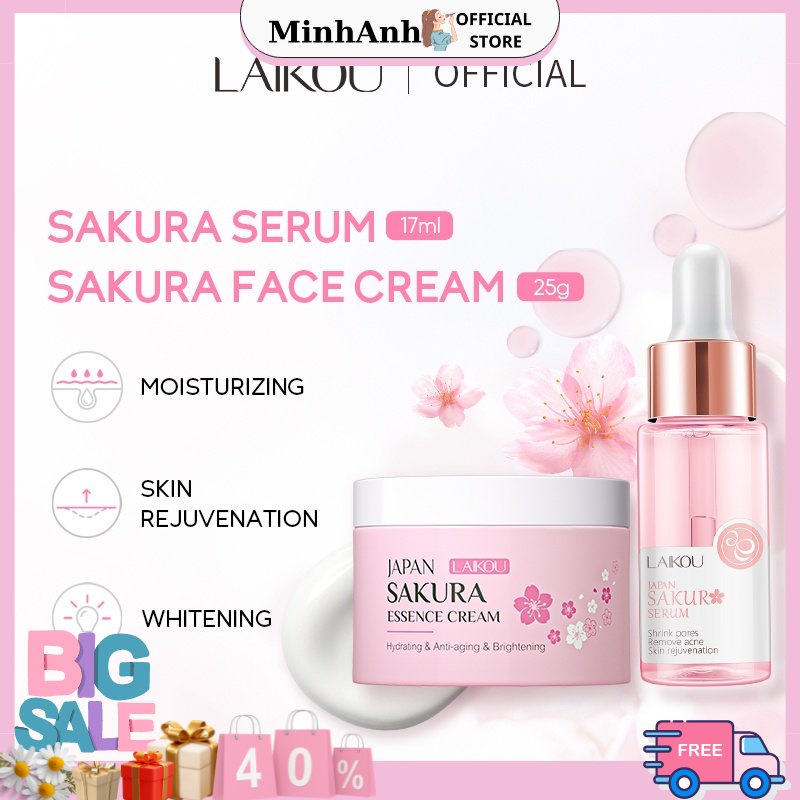 Set 2 Kem Dưỡng Da Laikou Cao Cấp 25g + Serum Làm Sáng Da Với Chiết Xuất Hoa Anh Đào 17ml,MinhAnhStore phân phối sỉ lẻ m