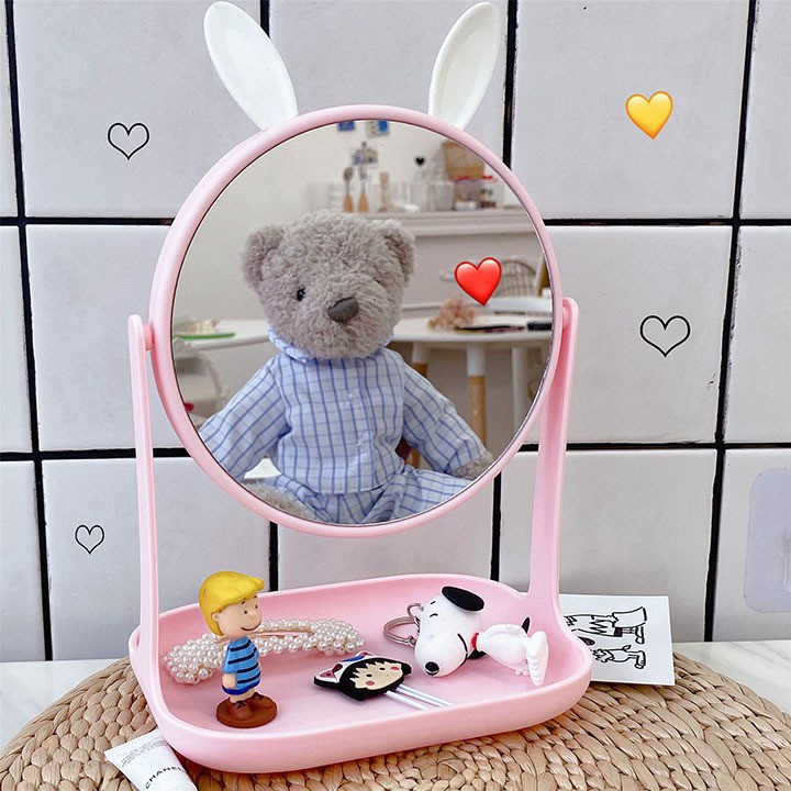 Gương Để Bàn🍀TONGKHOSI🍀Gương Tai Thỏ Tai Gấu Mèo Để Bàn Có Chỗ Để Đồ Tiện Lợi