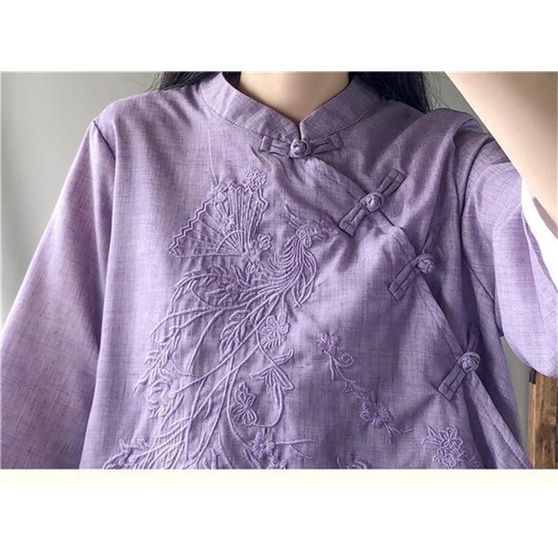 Áo Sơ Mi Vải Lanh Cotton Dáng Rộng Cài Nút Kiểu Trung Hoa Thời Trang Xuân Hè Cho Nữ