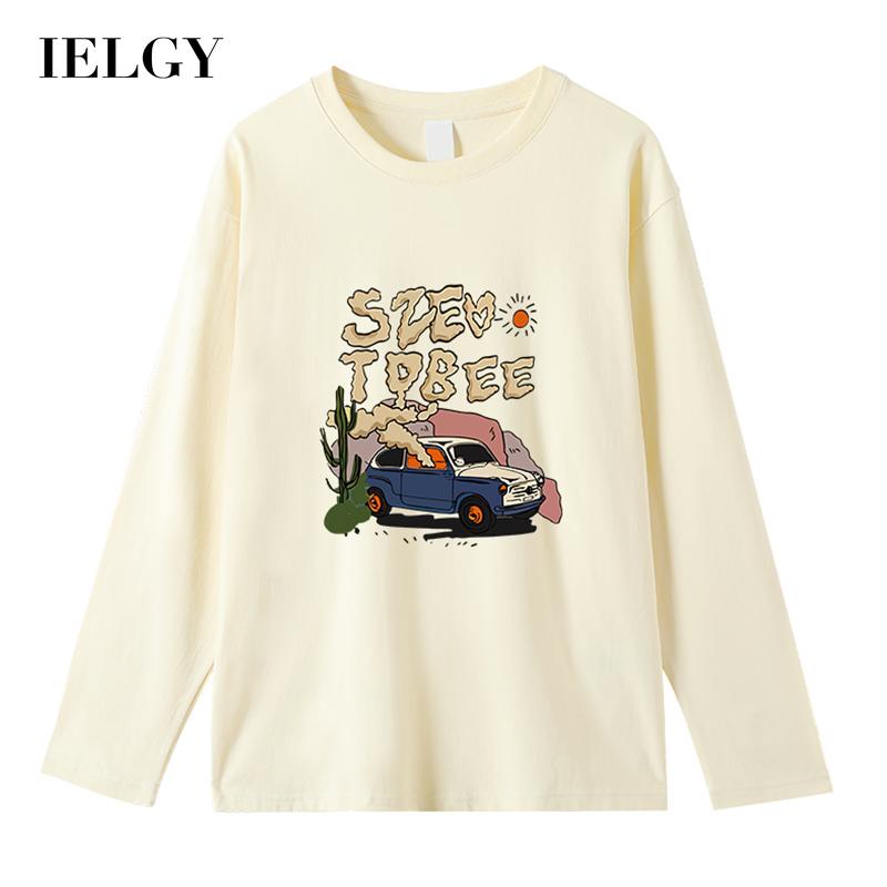 IELGY Áo Thun cotton Tay Dài Dáng Rộng In Họa Tiết Phong Cách Mỹ Thời Trang Cho Nữ