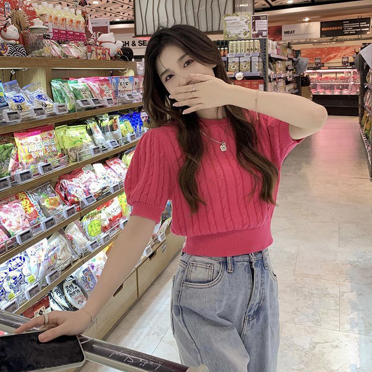 IELGY   Áo Dệt Kim Tay Ngắn Dáng Ôm Phối Nơ Thời Trang Cho Nữ