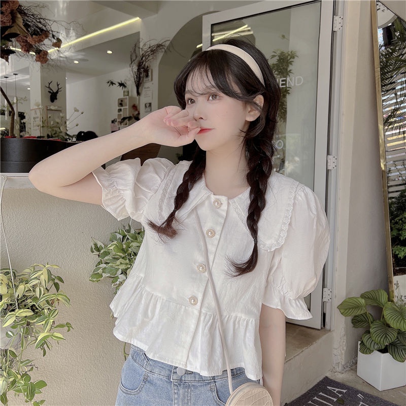 COZOK Áo Sơ Mi Trắng Tay Phồng Cổ Bẻ Xinh Xắn Cho Bé Gái