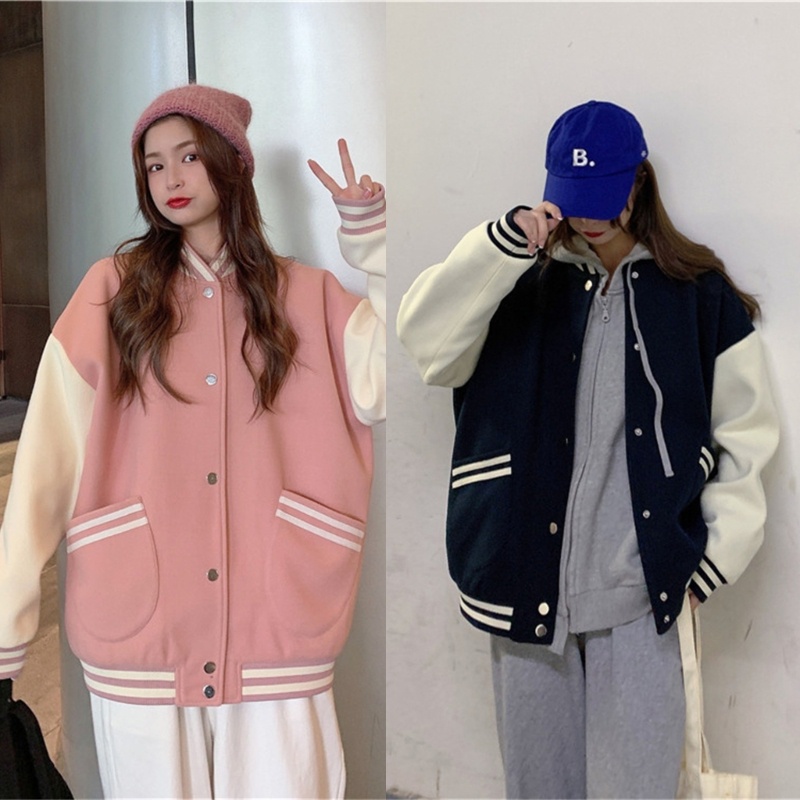 Xiangbao Áo Khoác Bomber Bóng Chày Dáng Rộng Tay Dài Phối Màu Khối Harajuku Cho Nữ Sinh Có Túi