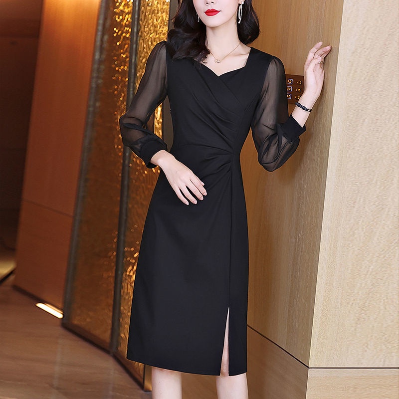 Đầm Vải Tuyn Dài Tay Màu Đen Thiết Kế Thoải Mái Thanh Lịch