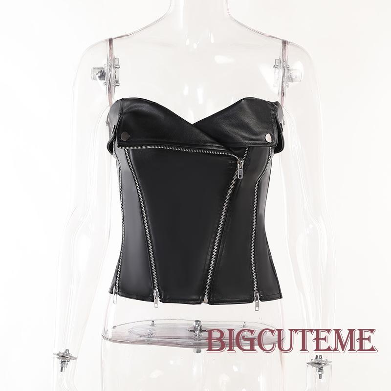 Áo Ống Bằng Da Màu Trơn Không Dây Có Khóa Kéo Thời Trang Mùa Hè Cho Nữ