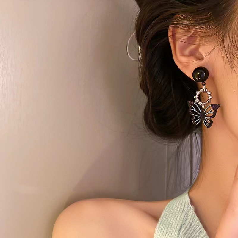 Bông Tai Bạc 2022 Họa Tiết Bướm Màu Đen Ngọt Ngào Phong Cách retro