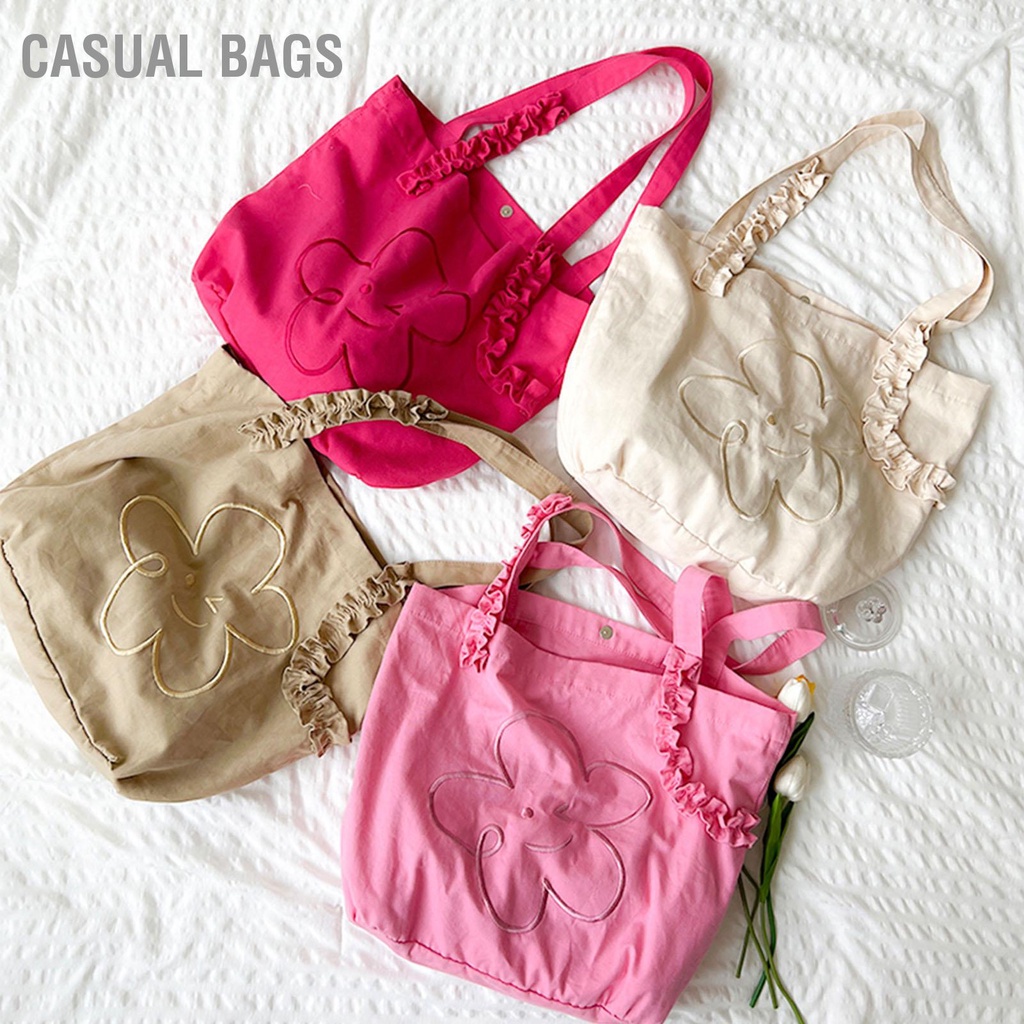 Có hàng sẵn Tươi mát tinh khiết thêu nụ cười mặt cười túi vải vải nữ Tote nếp gấp ren túi xách một vai sinh viên đại học túi lớp học