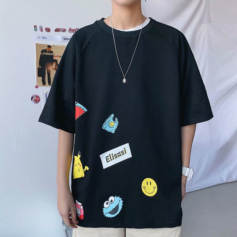 (40-130kg) M-8XL áo phông nam big size Áo Thun Thể Thao Tay Ngắn Cổ Tròn Vải Cotton In Họa Tiết Hoạt Hình Bảy Họa Tiết