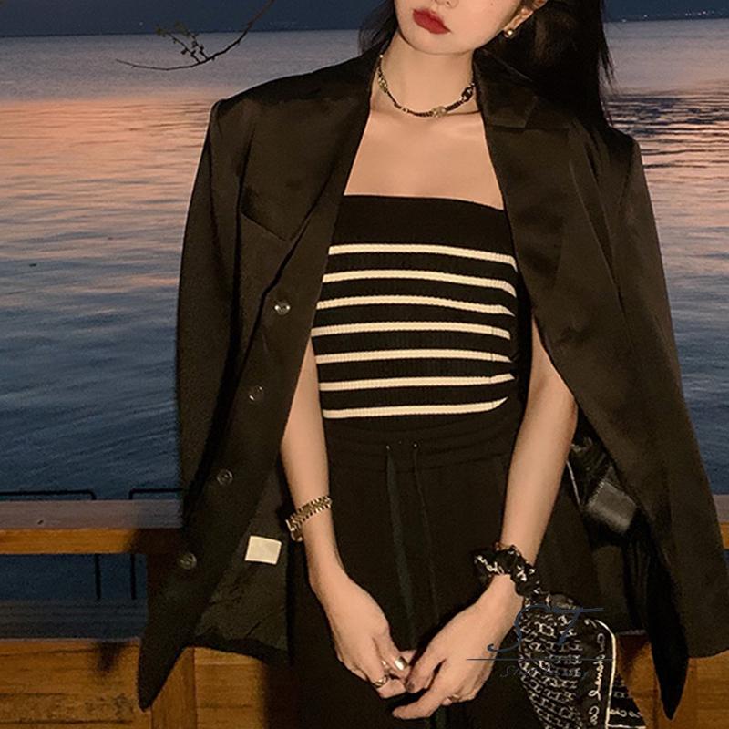 Áo Tank Top Hai Dây Dệt Kim Mỏng Họa Tiết Kẻ Sọc Ngang Cho Nữ CY03