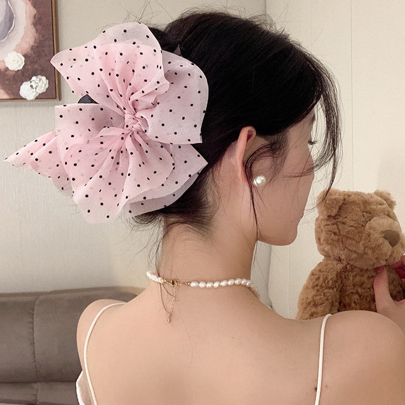 Kẹp Tóc Cá Mập Vải Gạc Chấm Bi Màu Hồng Kích Thước Lớn ins