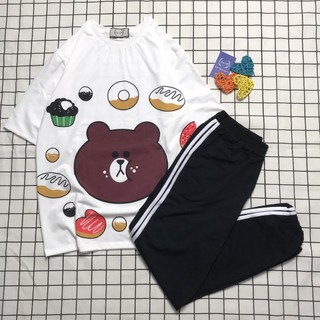 Sét Quần Áo Nam Nữ Xinh Cute In Hình CUte Kèm Quần Thun Sọc Bo Chun Gấu, Quần Ống Rộng