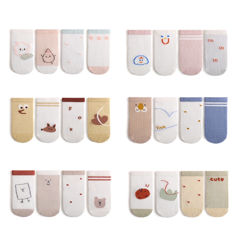 Set 4 Đôi Vớ Cotton Cổ Thấp Phối Lưới Mỏng In Hình Gấu / Bánh Quy Dễ Thương Thời Trang Xuân Hè KokoroCare YR-27 2023 S / M / L 1 Tháng-5 Tuổi