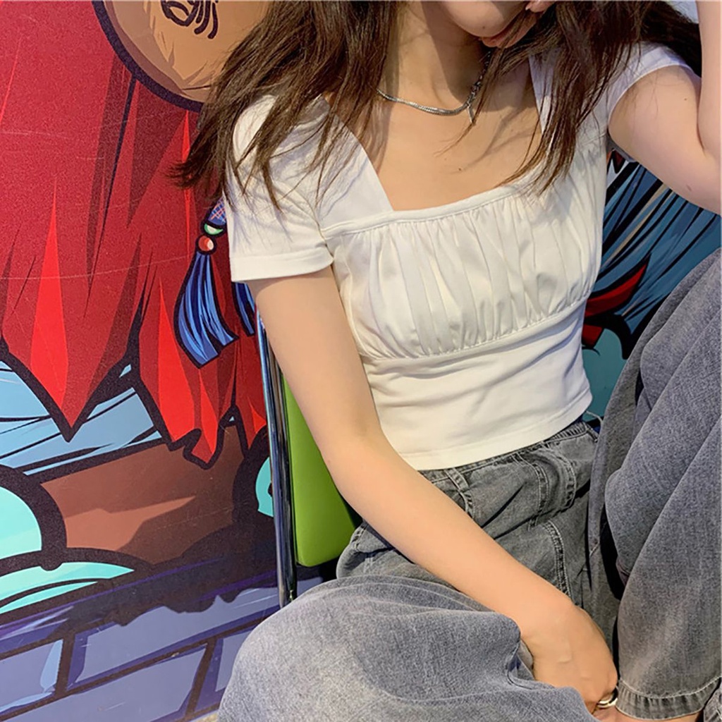 COZOK Áo Thun Lửng Ngắn Tay Cổ Vuông Thời Trang Nữ