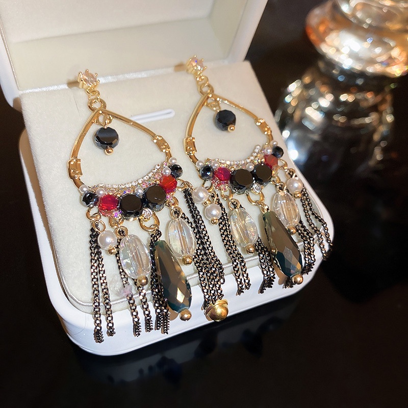 Bông Tai Dáng Dài Đính Đá Zircon Phối Tua Rua Sang Trọng Thời Trang Hàn Quốc Cho Nữ