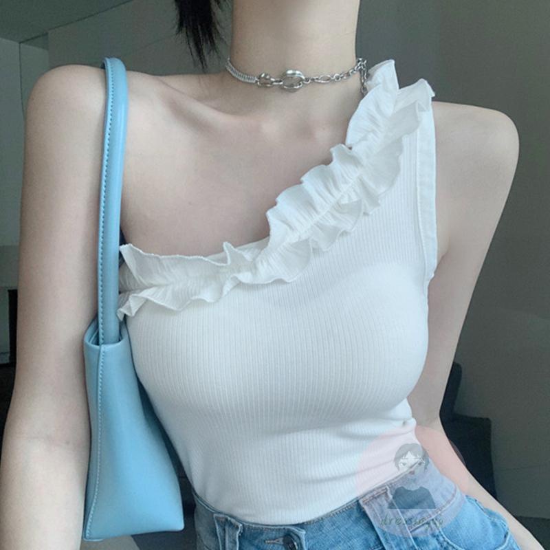 Áo Tank Top Lệch Vai Một Bên Dáng Ôm Màu Trắng Thời Trang Mùa Hè Cho Nữ