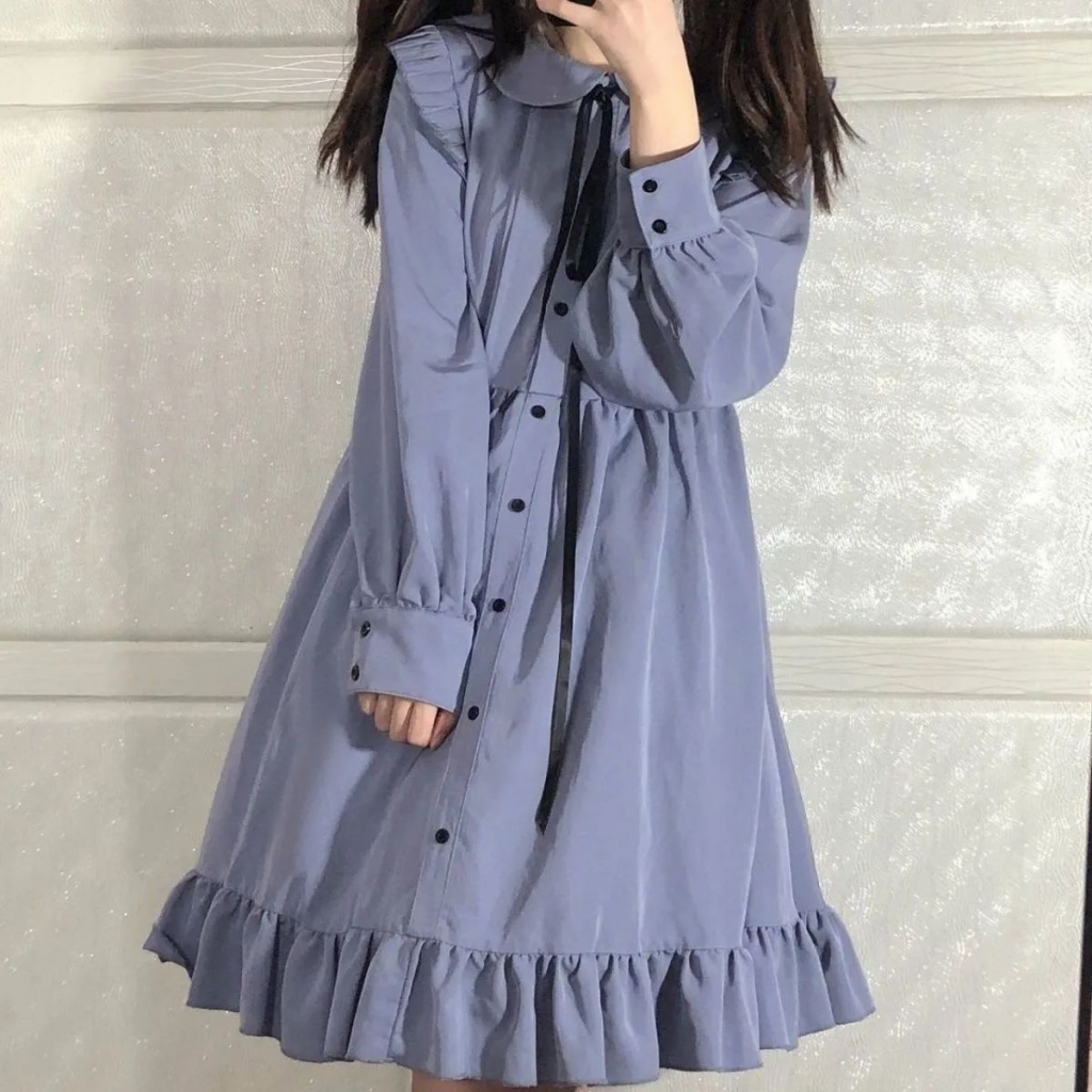 Bộ Đầm Cổ Búp Bê + Váy Yếm Đen Phong Cách Nhật Bản Thời Trang Xuân Thu Cho Nữ