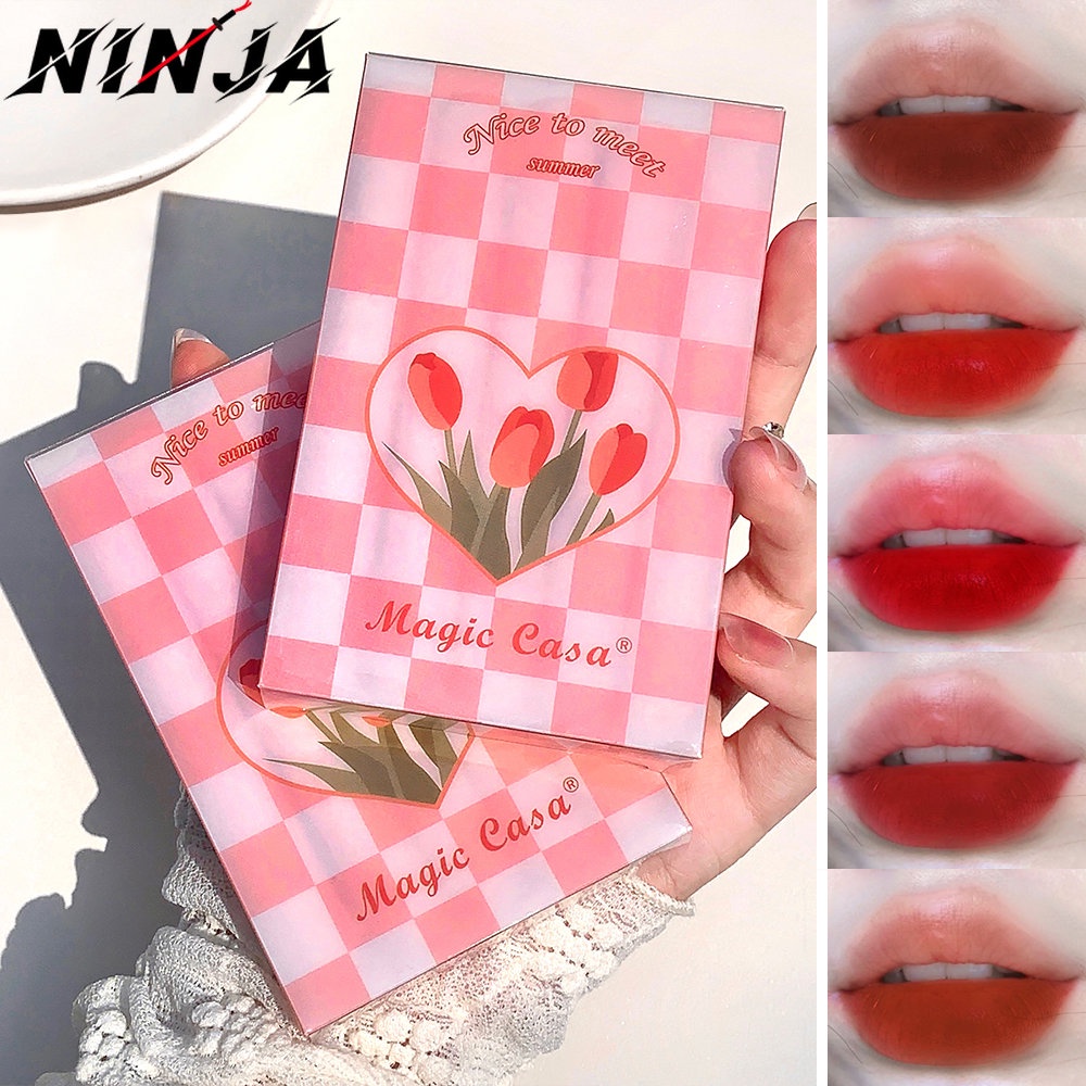 Bộ 5 Son Kem Màu Nhung Lì Dưỡng Ẩm Lâu Trôi Không Dính Ly Hình Hoa Tulip Dễ Thương