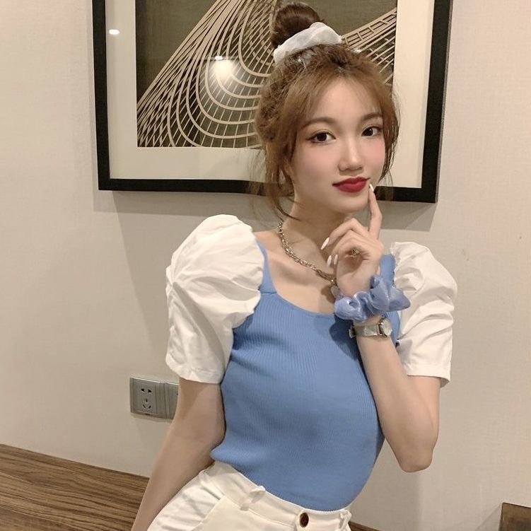 áo croptop dệt kim tay ngắn len trễ vai nữ cổ vuông dáng ôm thời trang mùa hè 2023 phong cách cổ điển dành cho bạn nữ