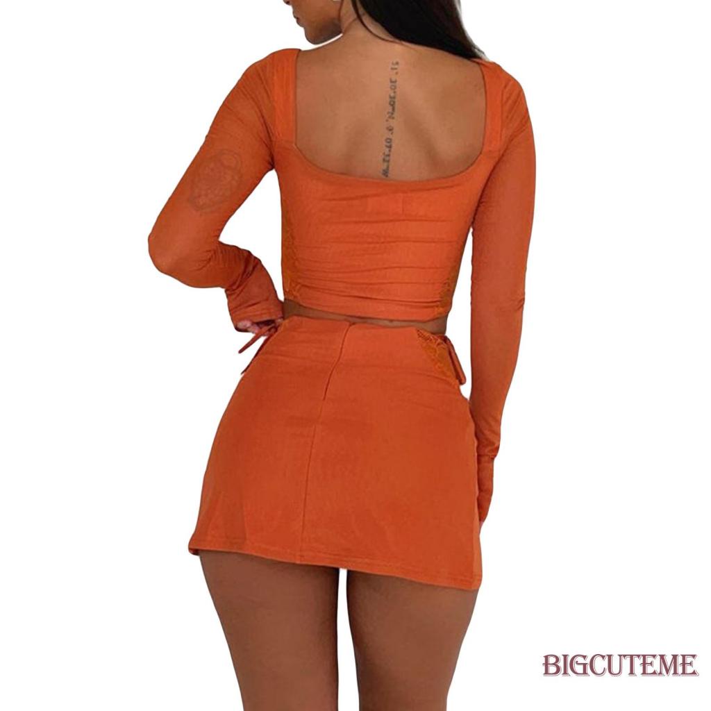 Bộ Áo Croptop Tay Dài Màu Trơn 2 Dây + Chân Váy Mini Màu Cam / Đen Thời Trang Mùa Hè Xinh Xắn Cho Nữ