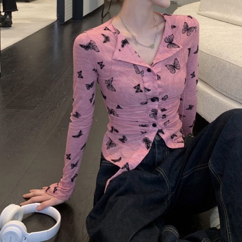 Áo Sweater Dệt Kim Tay Dài Cổ Bẻ In Họa Tiết Bươm Bướm Thời Trang Mùa Xuân Xinh Xắn Cho Nữ