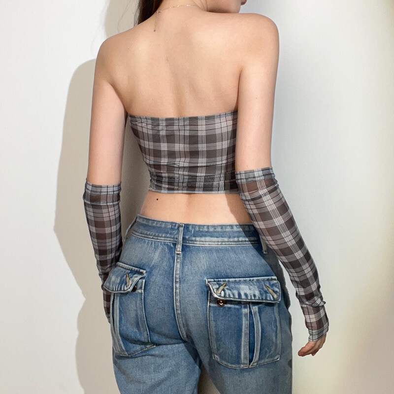 Kliou 2023 new Y2K Áo Croptop Dáng Ôm Hở Vai Không Đối Xứng In Họa Tiết Kẻ Sọc Caro Thời Trang Cho Nữ
