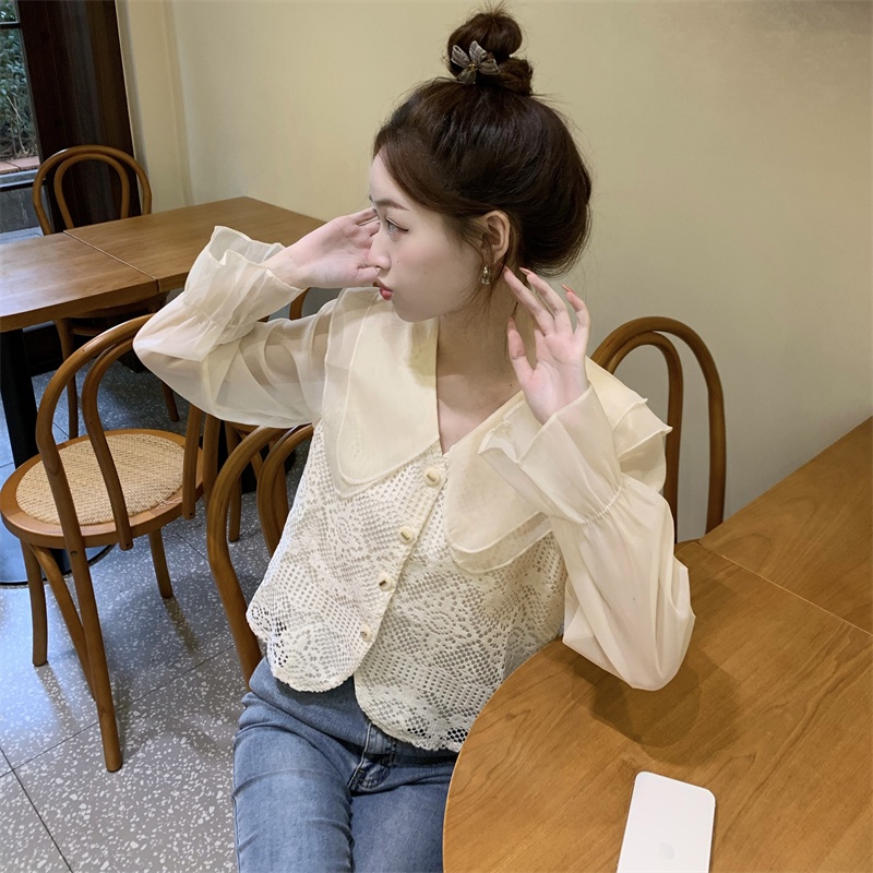 IELGY Áo Sơ Mi Dài Tay Phối Ren Thời Trang Dành Cho Nữ