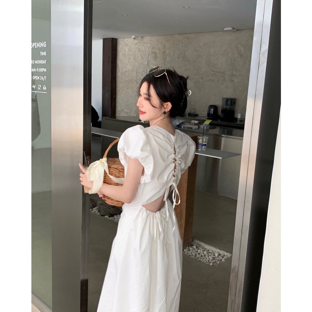 COZOK Đầm Tay Phồng Phối Ren Màu Trắng Lưng Vừa Thời Trang Quyến Rũ Cho Nữ